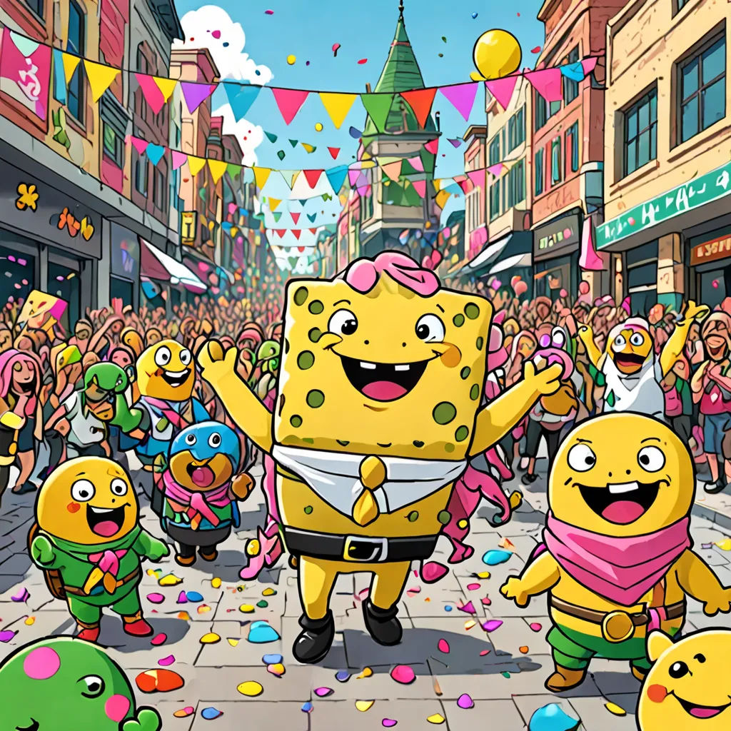 a cartoon character is surrounded by other characters in a parade of people and buildings in the background are bunting flags and bunting, pop surrealism, a comic book panel, Chris LaBrooy, promotional image