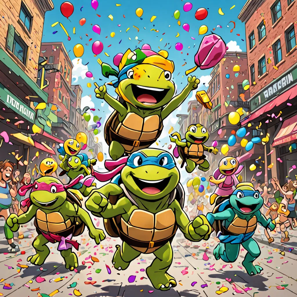 a group of turtles are dancing in the street with balloons and confetti in the air as people watch, sots art, a comic book panel, Dan Mumford, official art