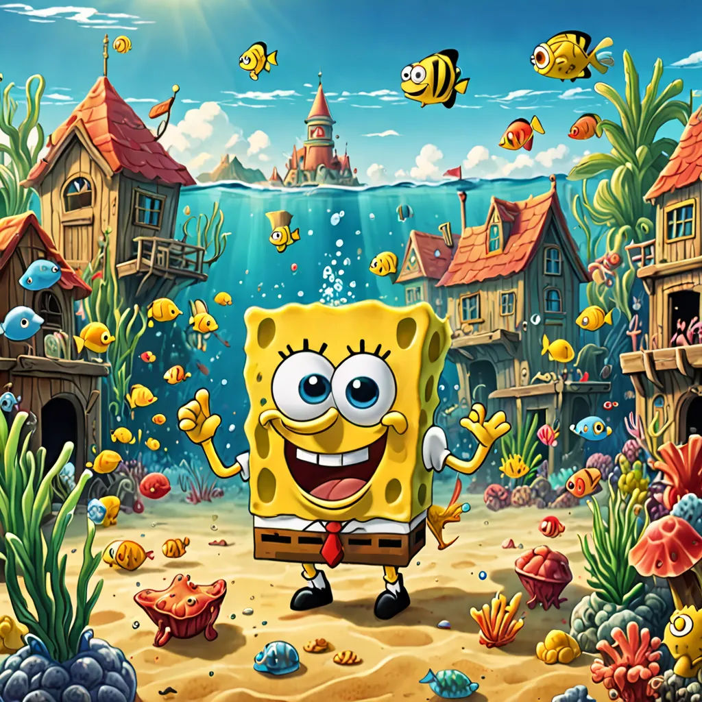a spongebob cartoon character in a underwater scene with a coral reef and a castle in the background, pop surrealism, a storybook illustration, Chris LaBrooy, 2 d game art