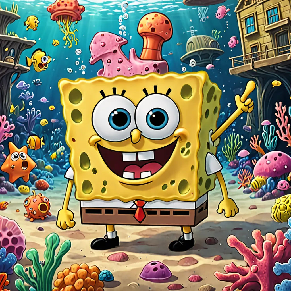 a spongebob cartoon character in a underwater scene with corals and other sea life around him, with a building in the background, pop surrealism, concept art, Chris LaBrooy, promotional image