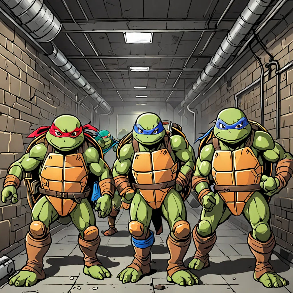 a group of teenage mutant turtles walking down a hallway together in a line with a brick wall behind them, sots art, a comic book panel, Dan Mumford, official art