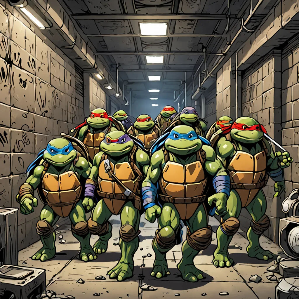 a group of teenaged turtles in a tunnel with a camera on the floor and a brick wall behind them, underground comix, a comic book panel, Dan Mumford, official art