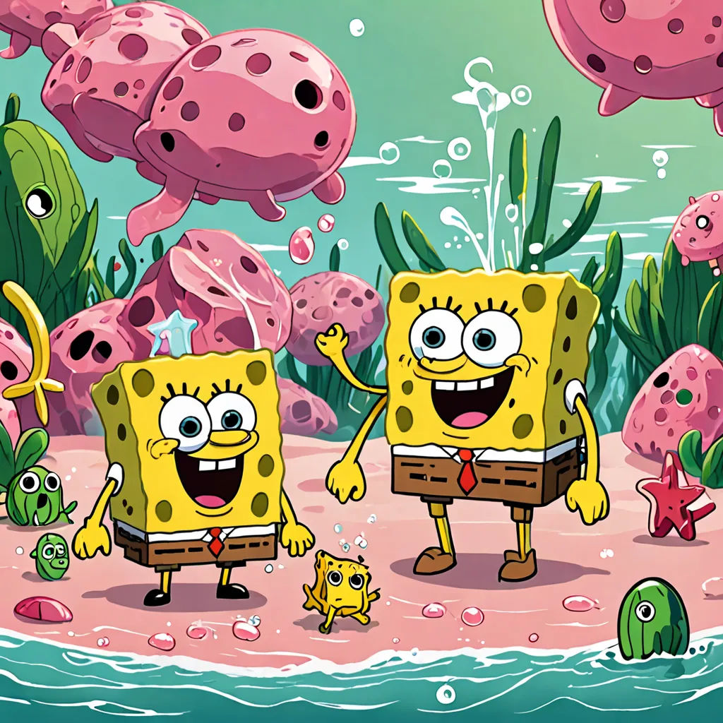 a cartoon of spongebob and his friends under the seaweed with bubbles and fish in the background, sots art, concept art, Chris LaBrooy, official art