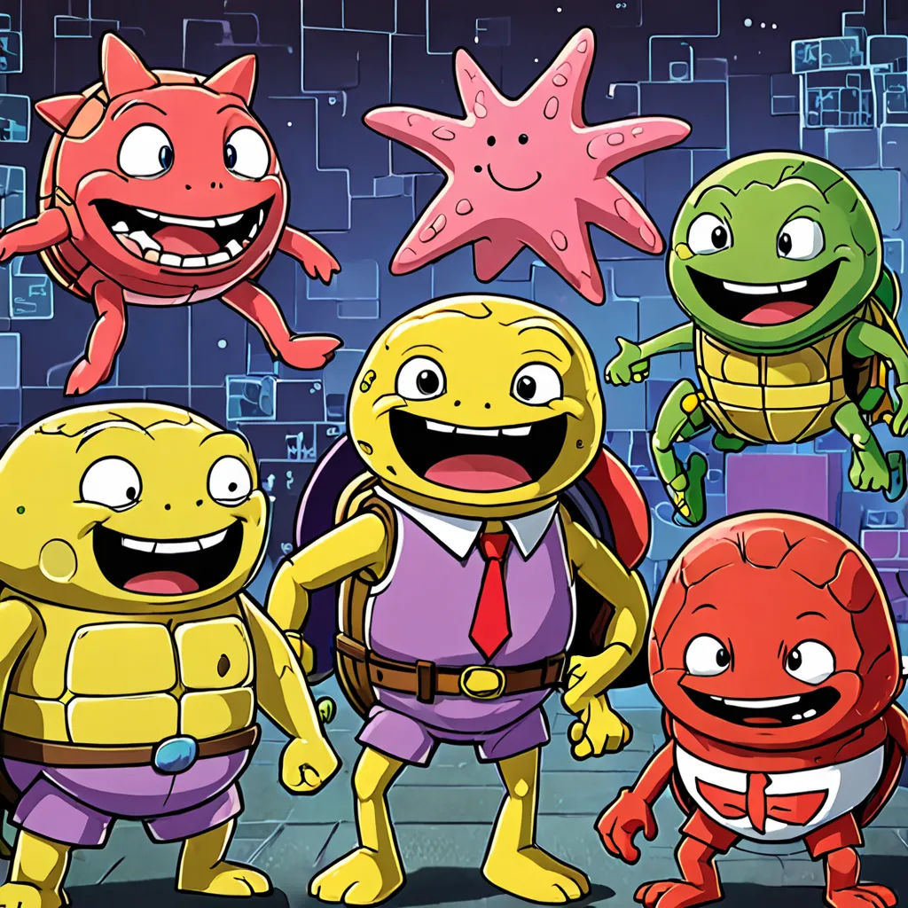 a group of cartoon characters standing next to each other in front of a brick wall with a starfish, sots art, a cartoon, Diego Gisbert Llorens, official art