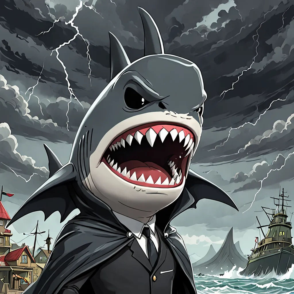 a cartoon shark with a suit on and a ship in the background with a lightning storm in the sky, pop surrealism, a comic book panel, Diego Gisbert Llorens, league of legends splash art
