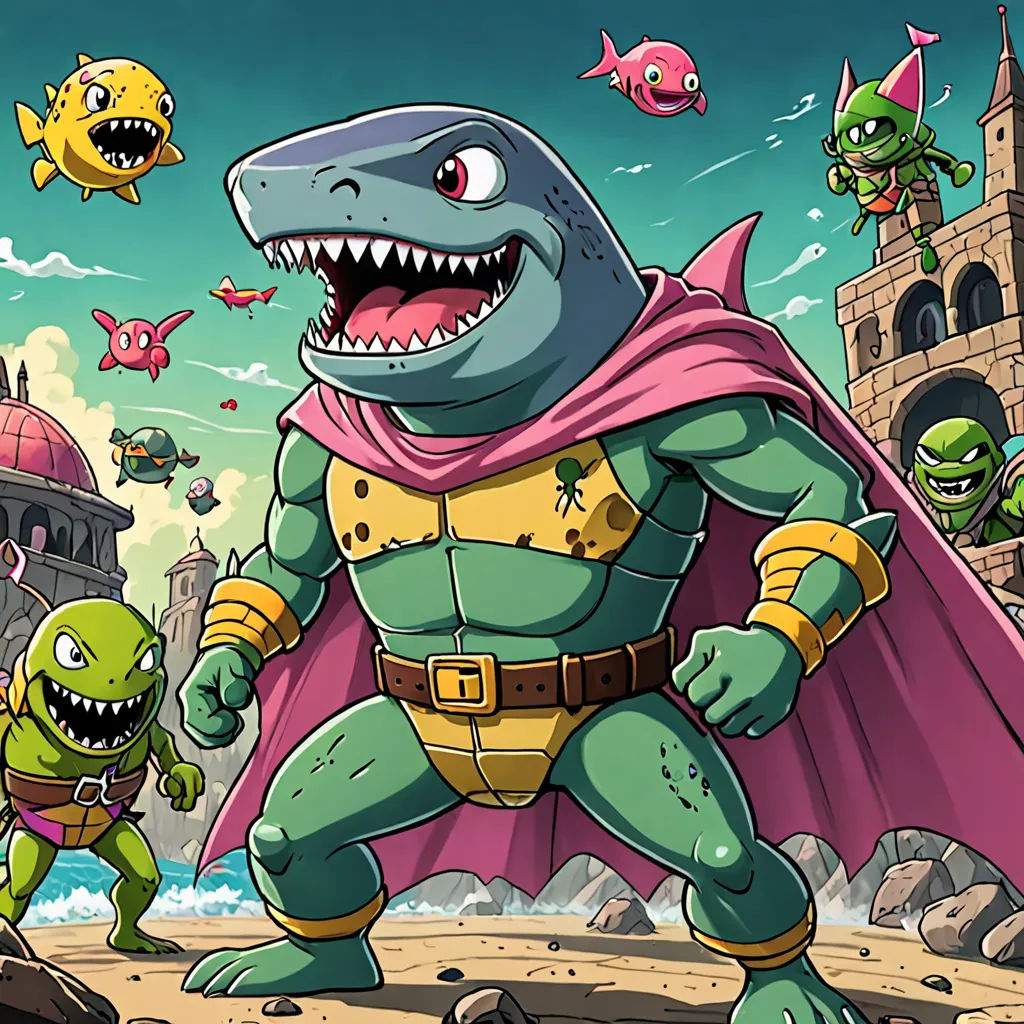 a cartoon of a shark with a cape and a monster with a cape on, and a castle in the background, sots art, concept art, Adam Rex, key art