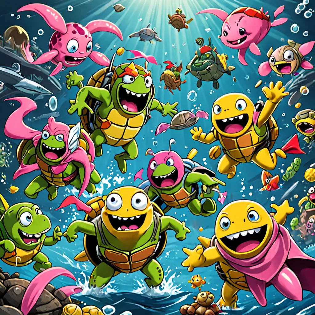 a group of cartoon turtles swimming in the ocean together with a starfish and other sea creatures around them, sots art, poster art, Diego Gisbert Llorens, official art