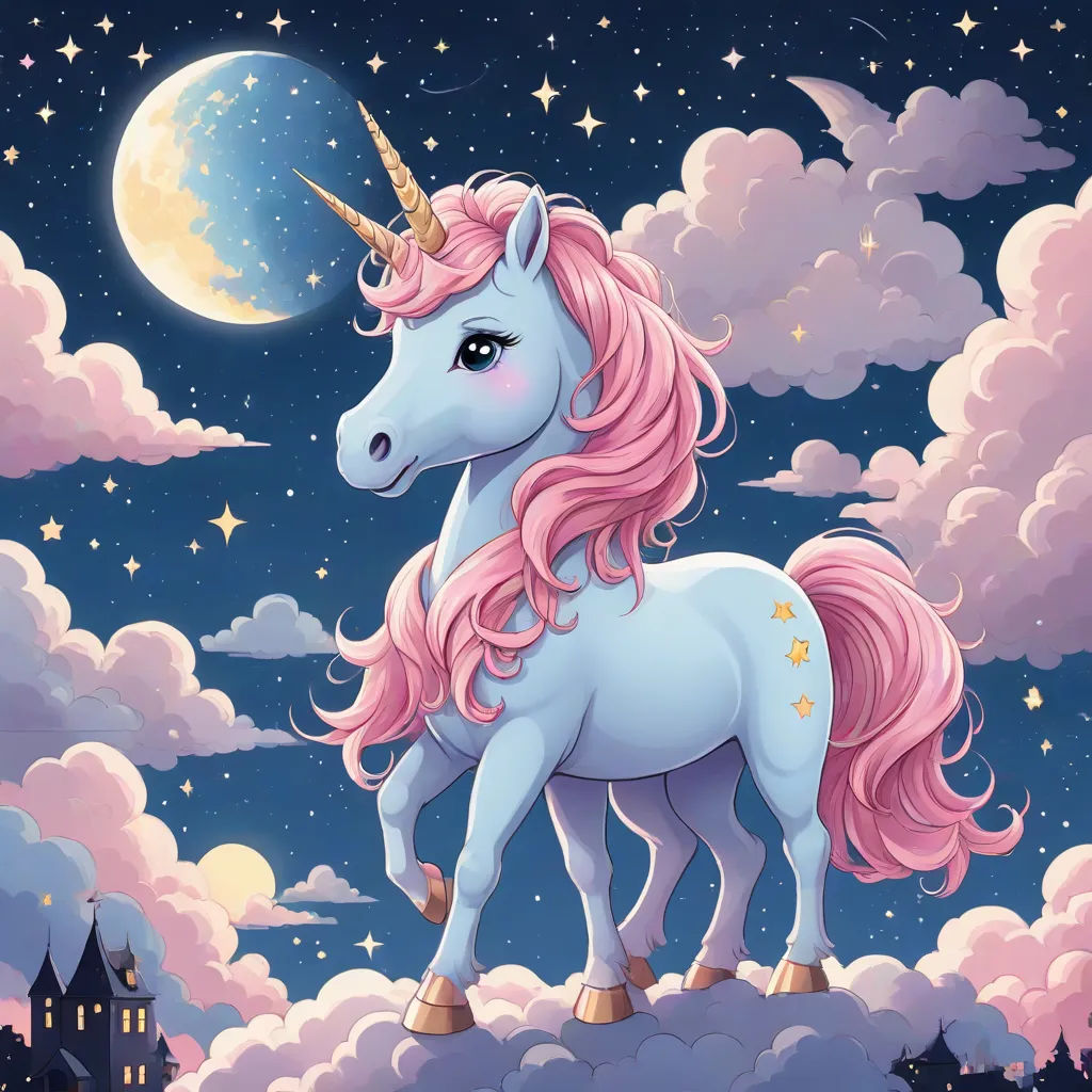 a unicorn standing on a cloud covered hill with a full moon in the background and a castle in the distance, Anne Stokes, fantasy art, a storybook illustration, magical
