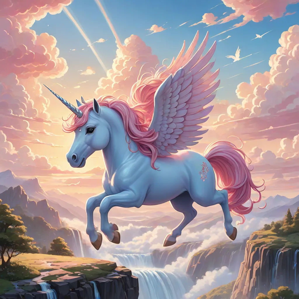 a unicorn flying over a waterfall with a waterfall in the background and a waterfall in the foreground with a waterfall in the background, Anne Stokes, magical realism, an ultrafine detailed painting, fantasy magic