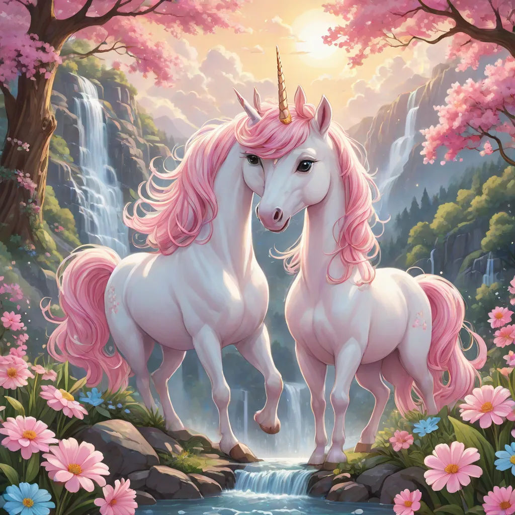 a painting of two unicorns standing next to a waterfall with a waterfall in the background and flowers around them, Anne Stokes, fantasy art, a storybook illustration, rossdraws global illumination