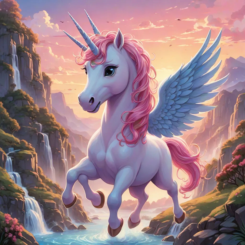 a unicorn with pink hair and wings standing on a rock in front of a waterfall and a waterfall with a waterfall behind it, Anne Stokes, fantasy art, an ultrafine detailed painting, fantasy magic