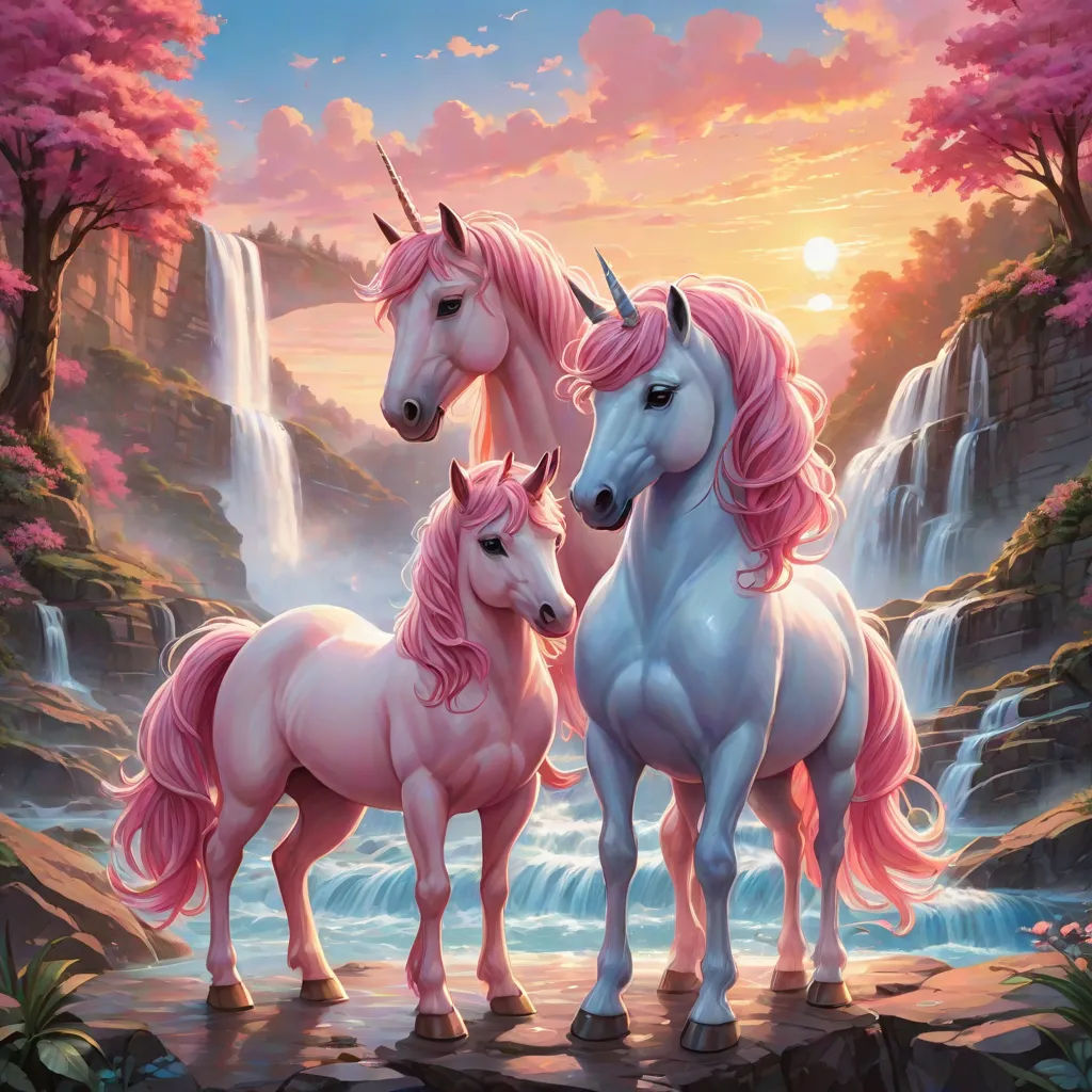 two unicorns standing next to each other in front of a waterfall with waterfall in the background and a waterfall in the background, Anne Stokes, fantasy art, a fine art painting, kinkade