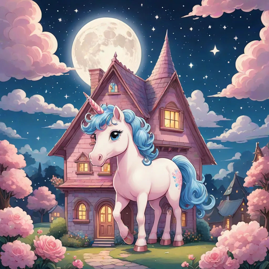 a unicorn standing in front of a pink house with a full moon in the background and pink flowers in the foreground, Chris LaBrooy, pop surrealism, a storybook illustration, fantasy illustration