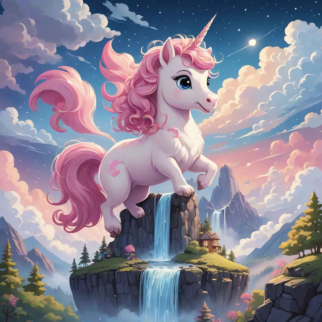 a unicorn standing on top of a waterfall in the sky with a waterfall behind it and a castle in the background, Chris LaBrooy, pop surrealism, a storybook illustration, fantasy artwork