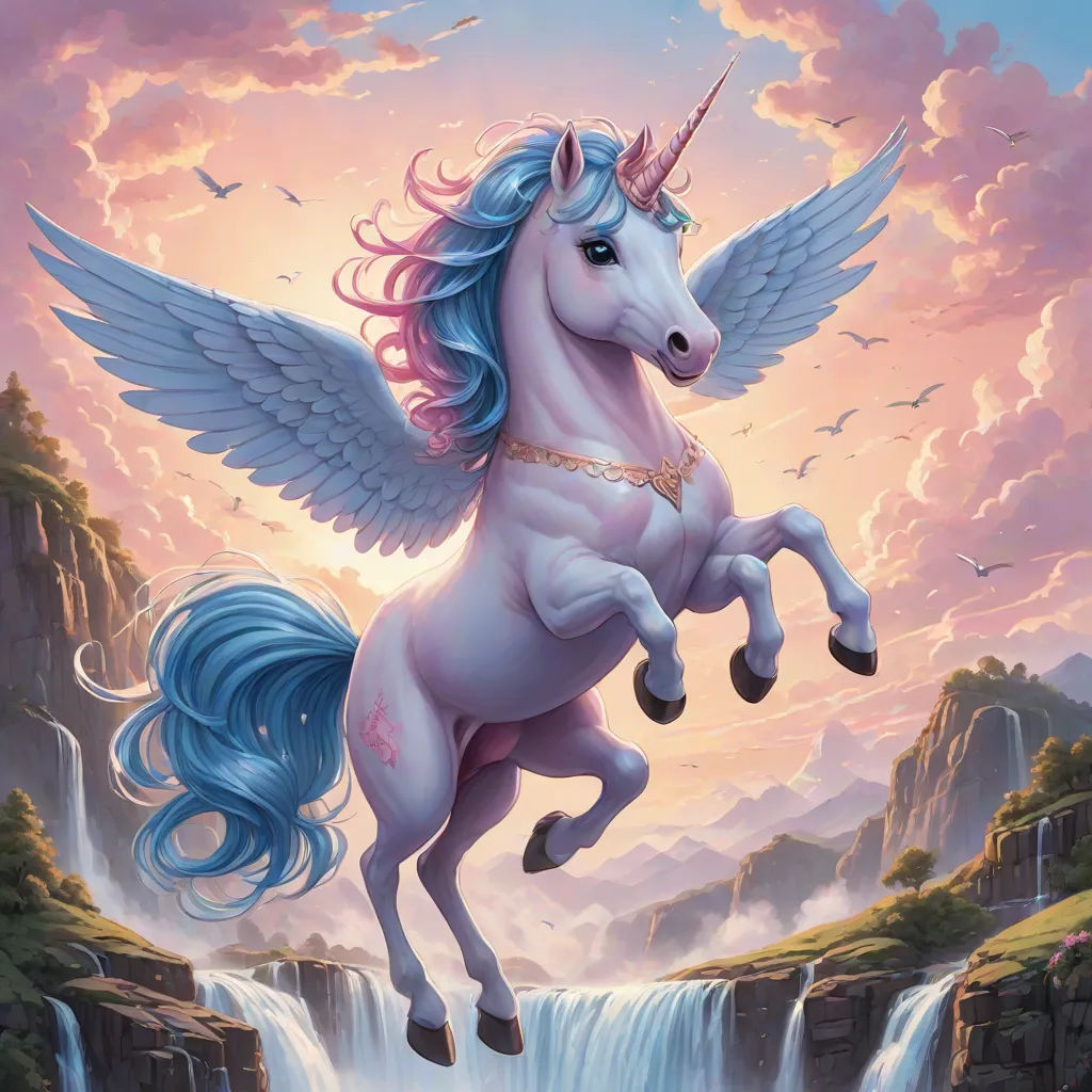 a unicorn with wings flying over a waterfall in the sky with a waterfall behind it and a waterfall below, Anne Stokes, fantasy art, a fine art painting, magic the gathering artwork