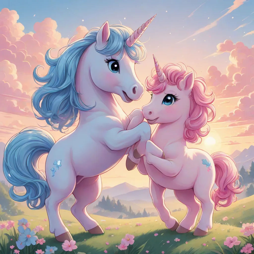 a couple of pink unicorns standing on top of a lush green field next to a forest filled with pink flowers, Anne Stokes, fantasy art, a storybook illustration, rossdraws global illumination