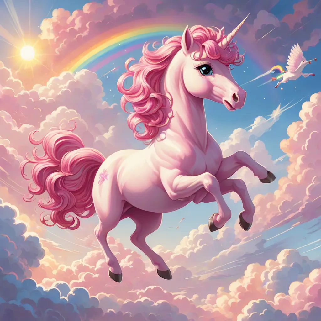 a unicorn flying through the sky with a rainbow in the background and a bird flying by on a cloudy day, Chris LaBrooy, pop surrealism, a detailed painting, magical