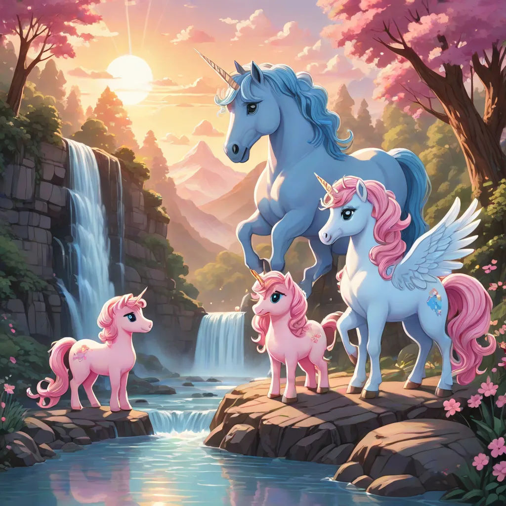 a painting of three unicorns standing on a rock near a waterfall and waterfall with a waterfall in the background, Anne Stokes, pop surrealism, a storybook illustration, key art