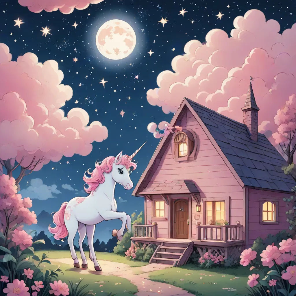 a pink house with a unicorn standing in front of it at night with a full moon in the sky, Chris LaBrooy, pop surrealism, a storybook illustration, magical