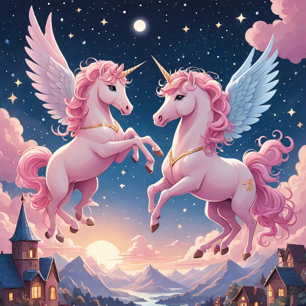 two pink unicorns flying in the sky above a town at night with a full moon in the background, Anne Stokes, fantasy art, a storybook illustration, rossdraws global illumination