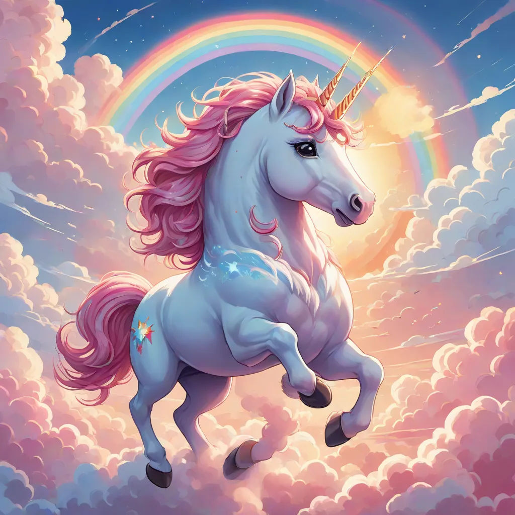 a unicorn with a rainbow in the background and clouds in the foreground, with a rainbow in the background, Chris LaBrooy, fantasy art, a character portrait, rossdraws global illumination