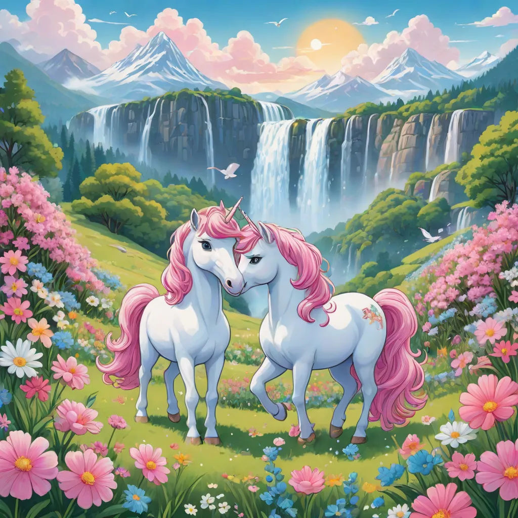 two white horses standing in a field of flowers with a waterfall in the background and a bird flying over them, Anne Stokes, pop surrealism, a detailed matte painting, kinkade