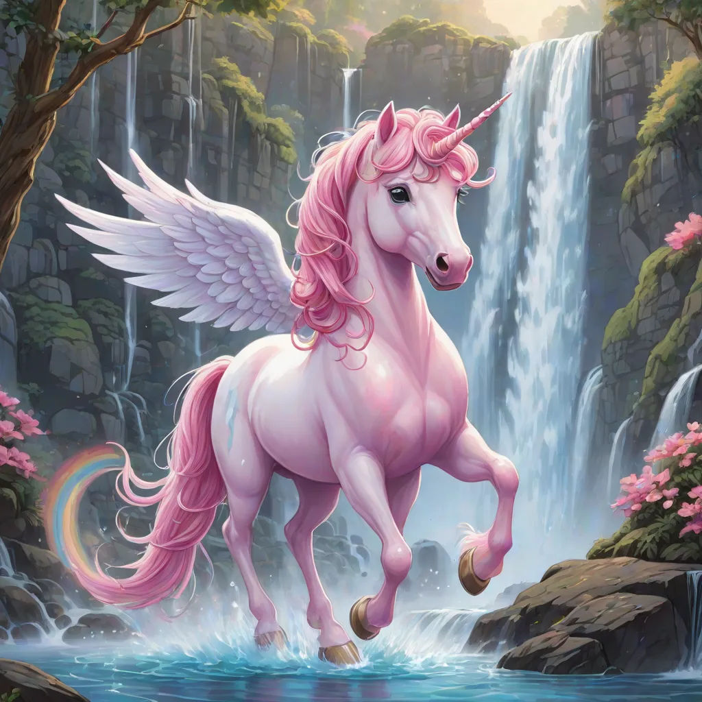 a pink unicorn with wings standing in a waterfall with waterfall behind it and a waterfall behind it, with pink flowers and trees, Anne Stokes, fantasy art, a digital rendering, fantasy magic