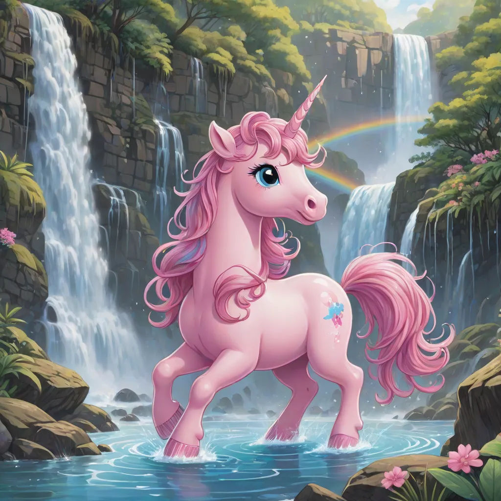 a pink unicorn standing in a river next to a waterfall with a rainbow on it's head and a waterfall behind it, Anne Stokes, magical realism, a storybook illustration, fantasy style
