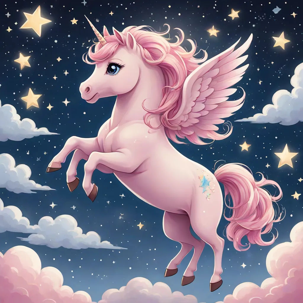 a pink unicorn flying through the sky with stars on it's back legs and wings, with a pink mane, Anne Stokes, pop surrealism, a storybook illustration, magical