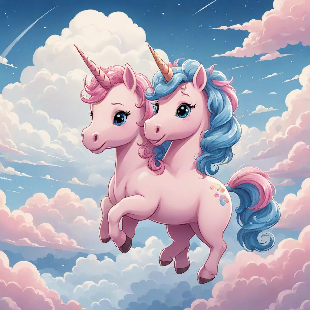 a pink unicorn and a blue unicorn are flying through the sky together with clouds and stars in the background, Chris LaBrooy, pop surrealism, a storybook illustration, magical