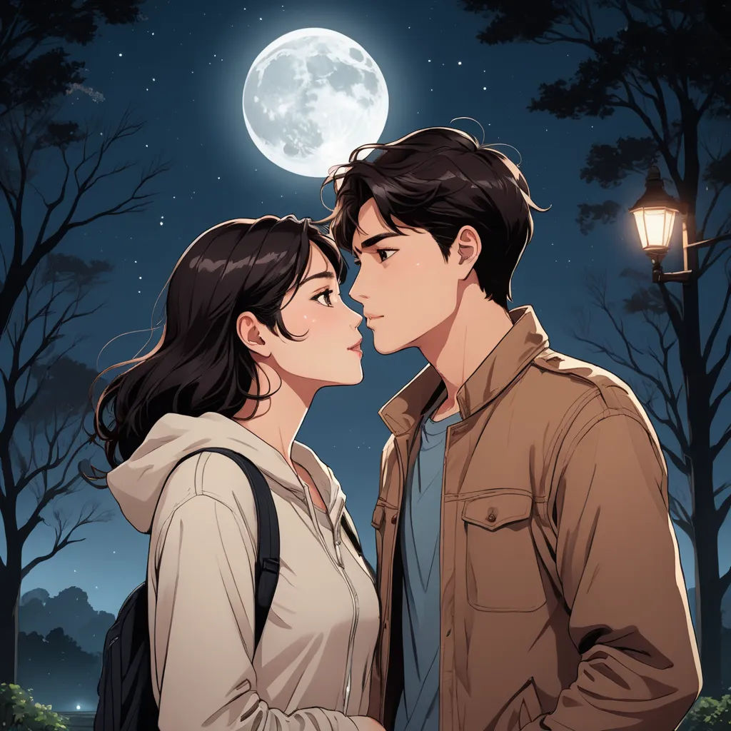 a couple kissing under a full moon in the woods with a lantern on the tree line behind them and a street light in the background, romanticism, poster art, David Park, full moon