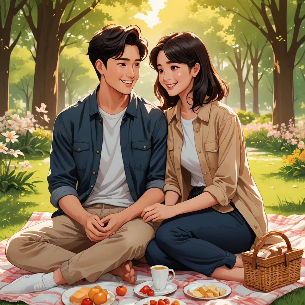 a couple sitting on a blanket in the park with a picnic blanket on the ground and a basket of fruit, serial art, a storybook illustration, David Park, comic cover art