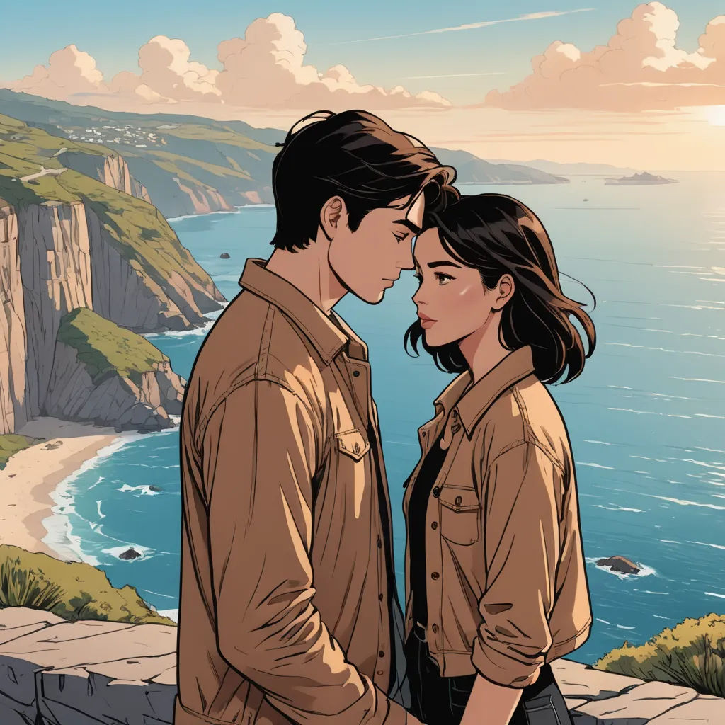 a couple standing next to each other near the ocean and cliffs with a sunset in the background and a cliff with a cliff face to face, neo-romanticism, a comic book panel, Atey Ghailan, graphic novel