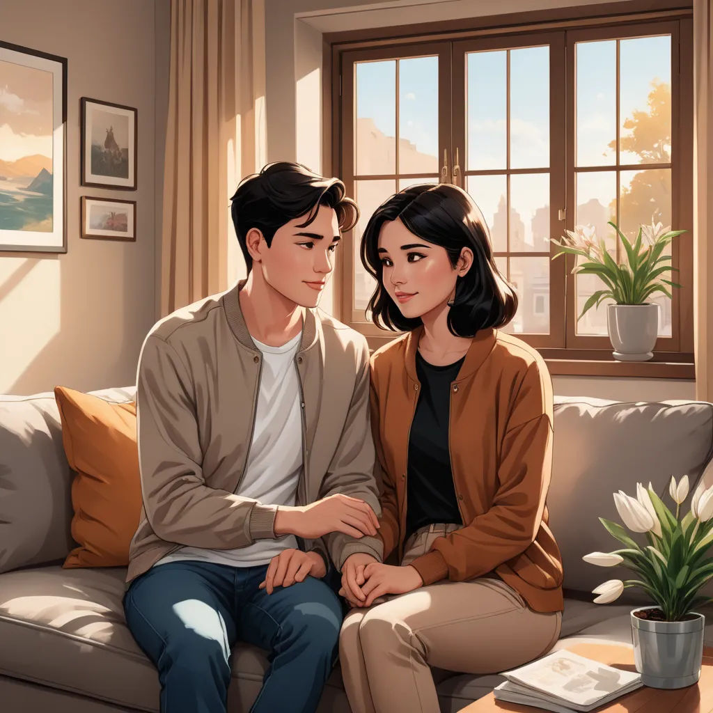 a man and a woman sitting on a couch in a living room next to a window with a plant, american scene painting, a comic book panel, David Park, official art