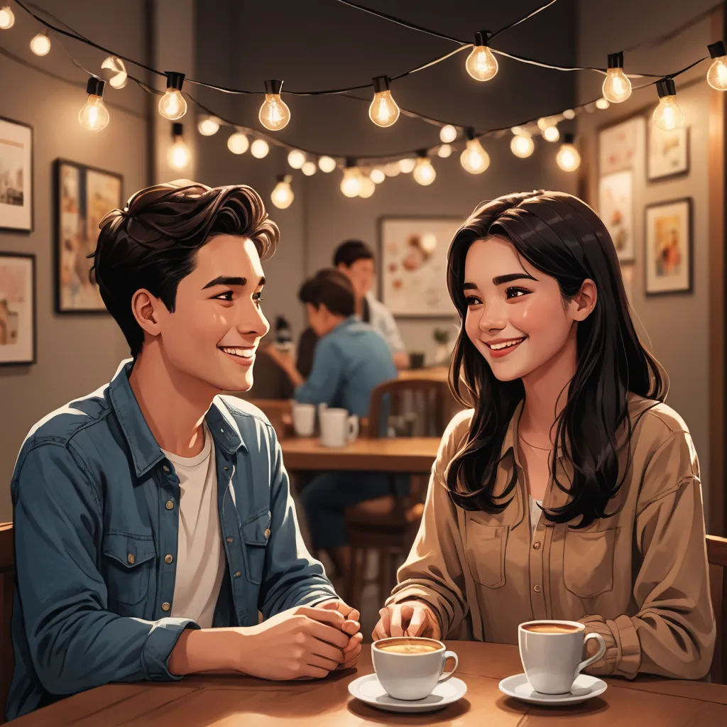a couple sitting at a table with a cup of coffee in front of them and a string of lights, american scene painting, a storybook illustration, Evgeny Lushpin, rossdraws global illumination