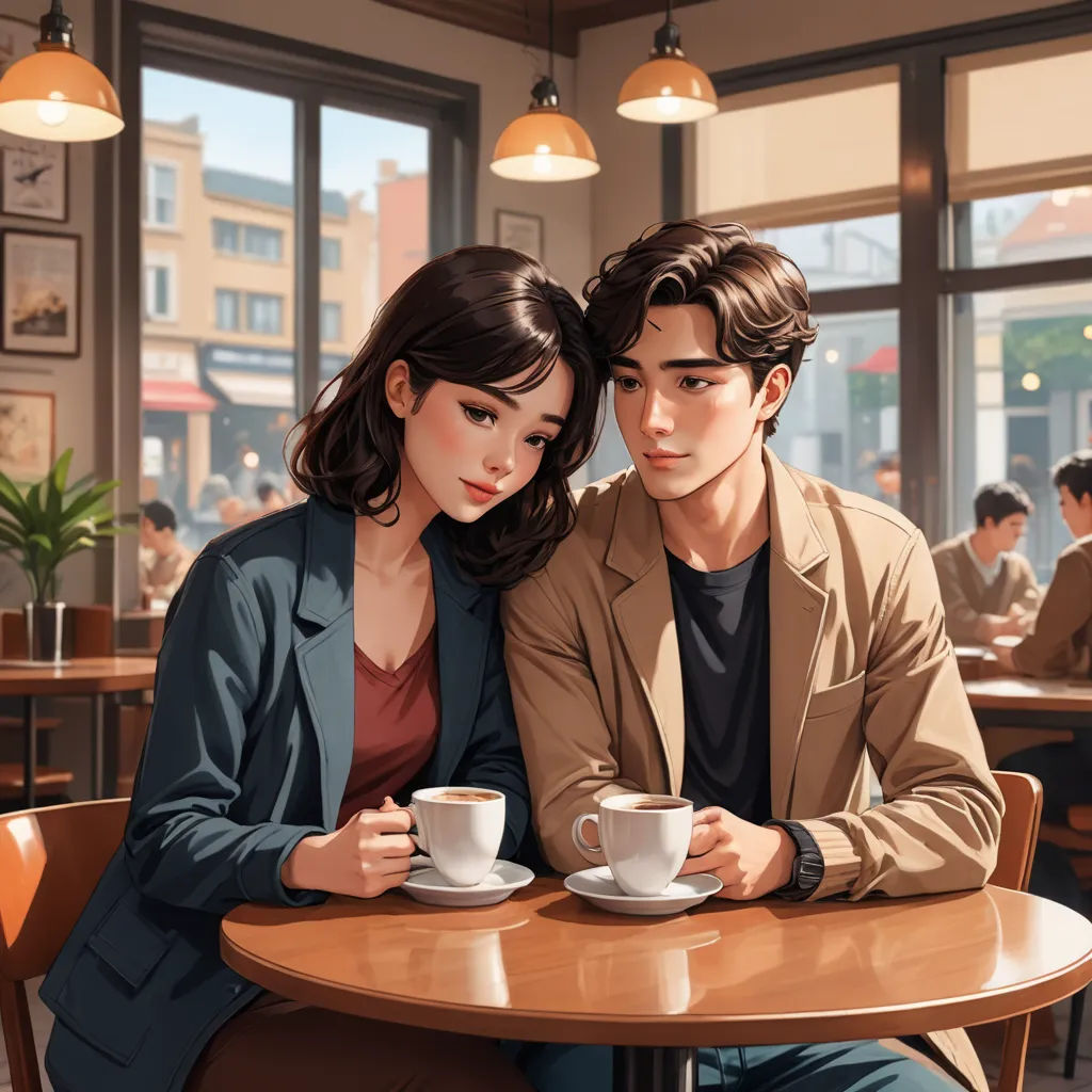 a man and woman sitting at a table with cups of coffee in front of them, looking at each other, romanticism, a photorealistic painting, Atey Ghailan, stanley artgerm lau