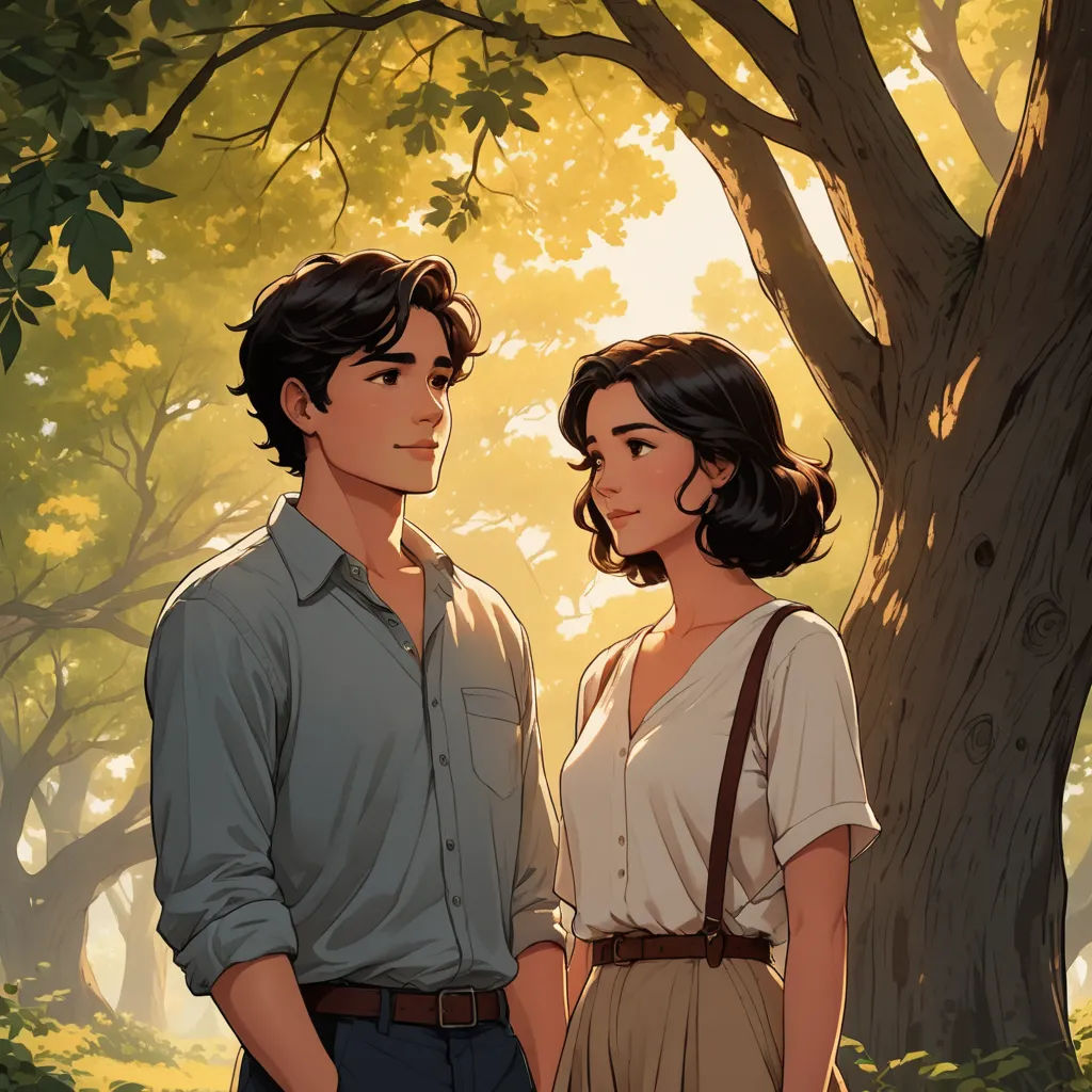 a man and a woman standing next to each other in a forest with trees and leaves on the ground, serial art, a storybook illustration, Cedric Seaut (Keos Masons), rossdraws global illumination