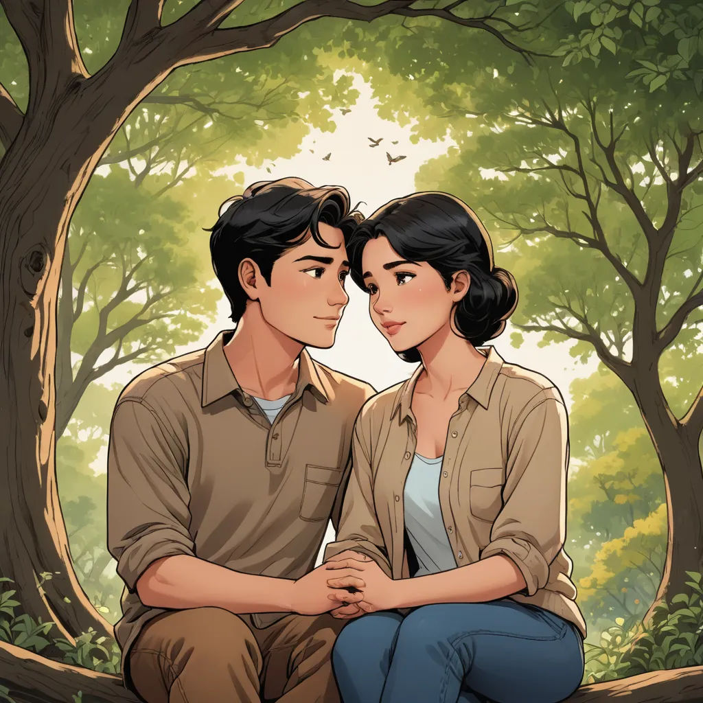 a couple sitting on a tree branch in a forest with trees and leaves around them, looking at each other, serial art, a storybook illustration, David Park, graphic novel