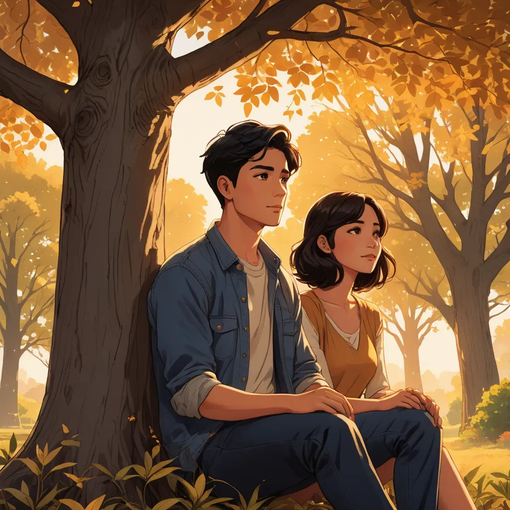 a man and woman sitting on a bench in a park under a tree with leaves on it and a yellow sky, serial art, a storybook illustration, Atey Ghailan, rossdraws global illumination