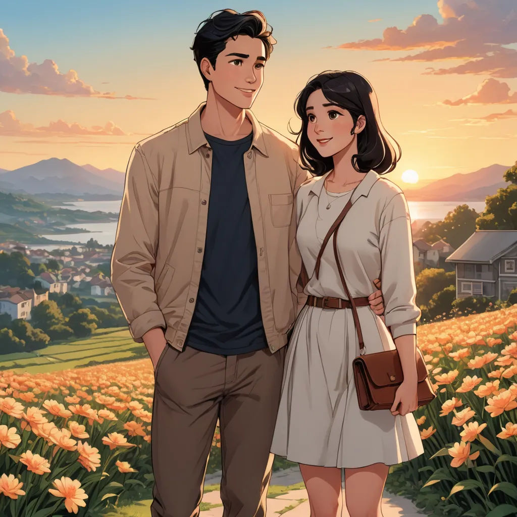 a man and a woman standing in a field of flowers with a sunset behind them and a house in the distance, neo-romanticism, a comic book panel, David Park, official art