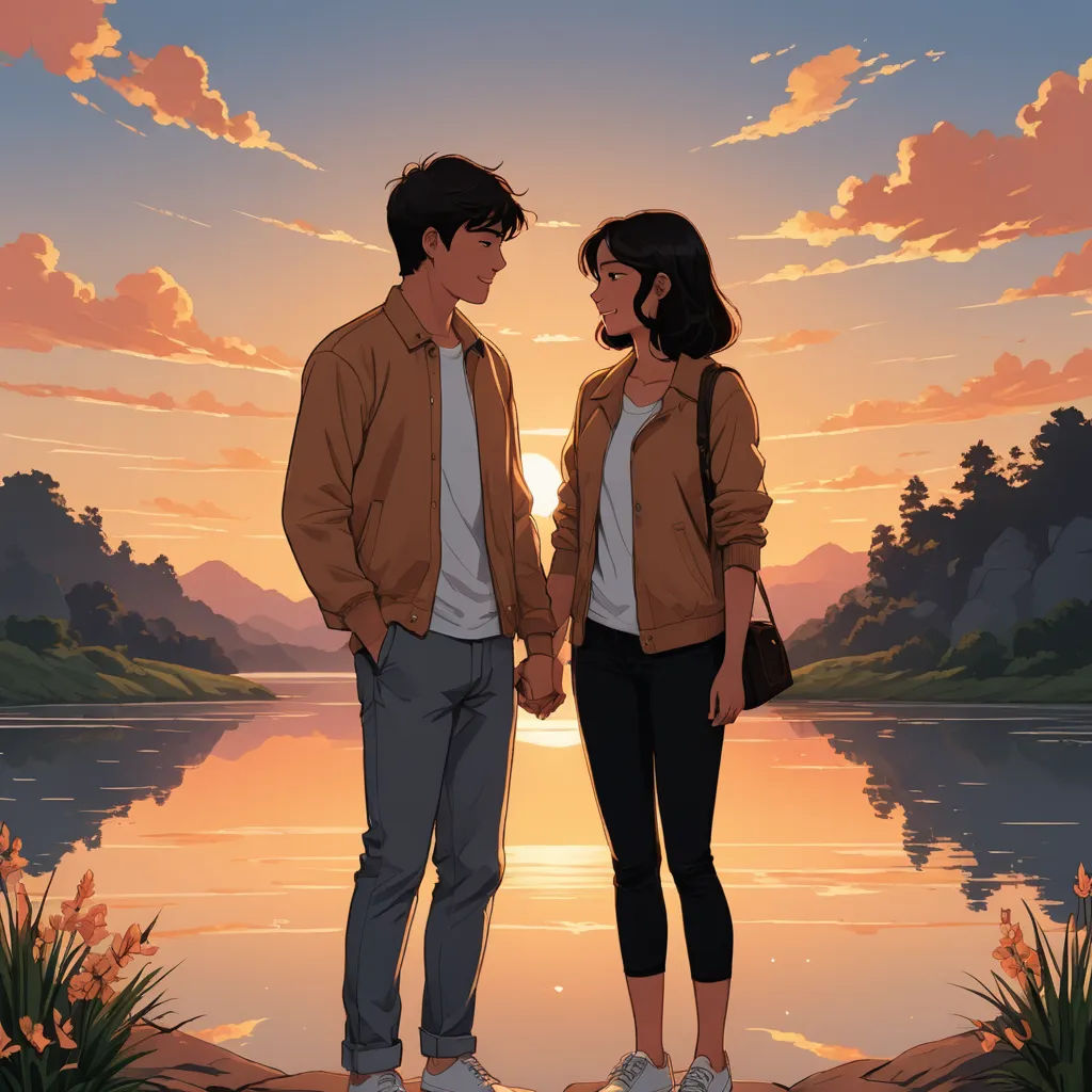 a man and a woman standing next to each other near a lake at sunset with the sun setting behind them, neo-romanticism, a painting, Atey Ghailan, official art