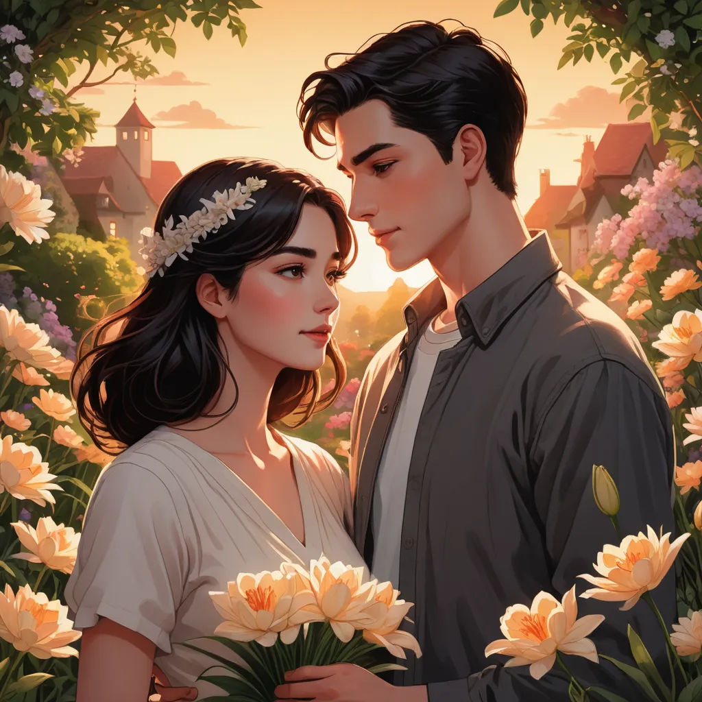 a painting of a couple standing in a field of flowers with a sunset in the background and a building in the background, fantasy art, a storybook illustration, Artgerm, rossdraws global illumination