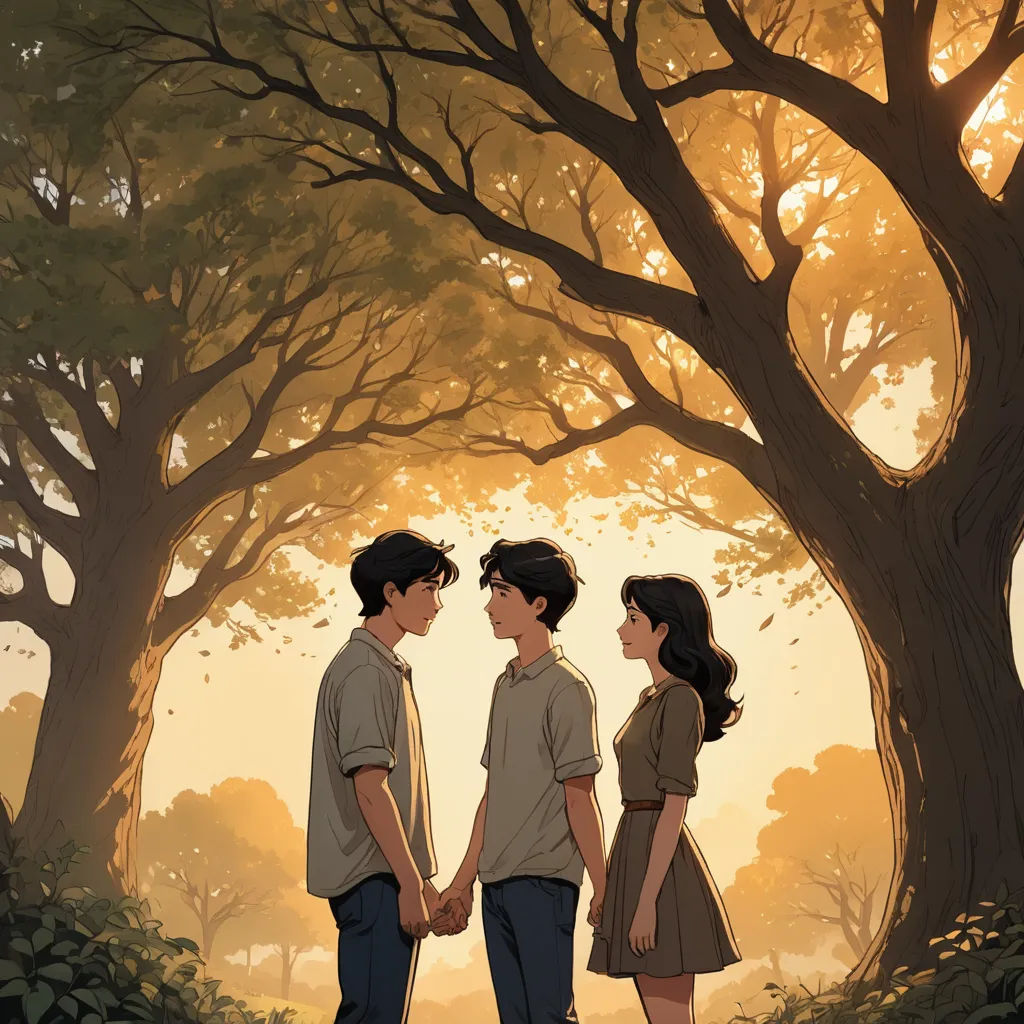 a couple of people standing next to each other in a forest with trees and leaves on the ground and a sun shining through the trees, magical realism, a storybook illustration, Atey Ghailan, graphic novel