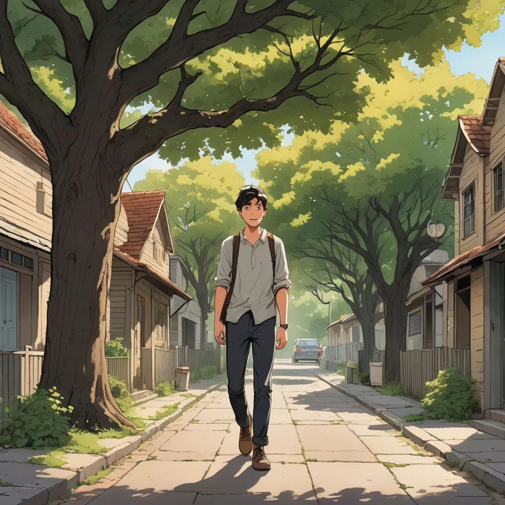 a man walking down a street next to a tree filled street with houses on both sides of the street, american scene painting, a comic book panel, Atey Ghailan, official art