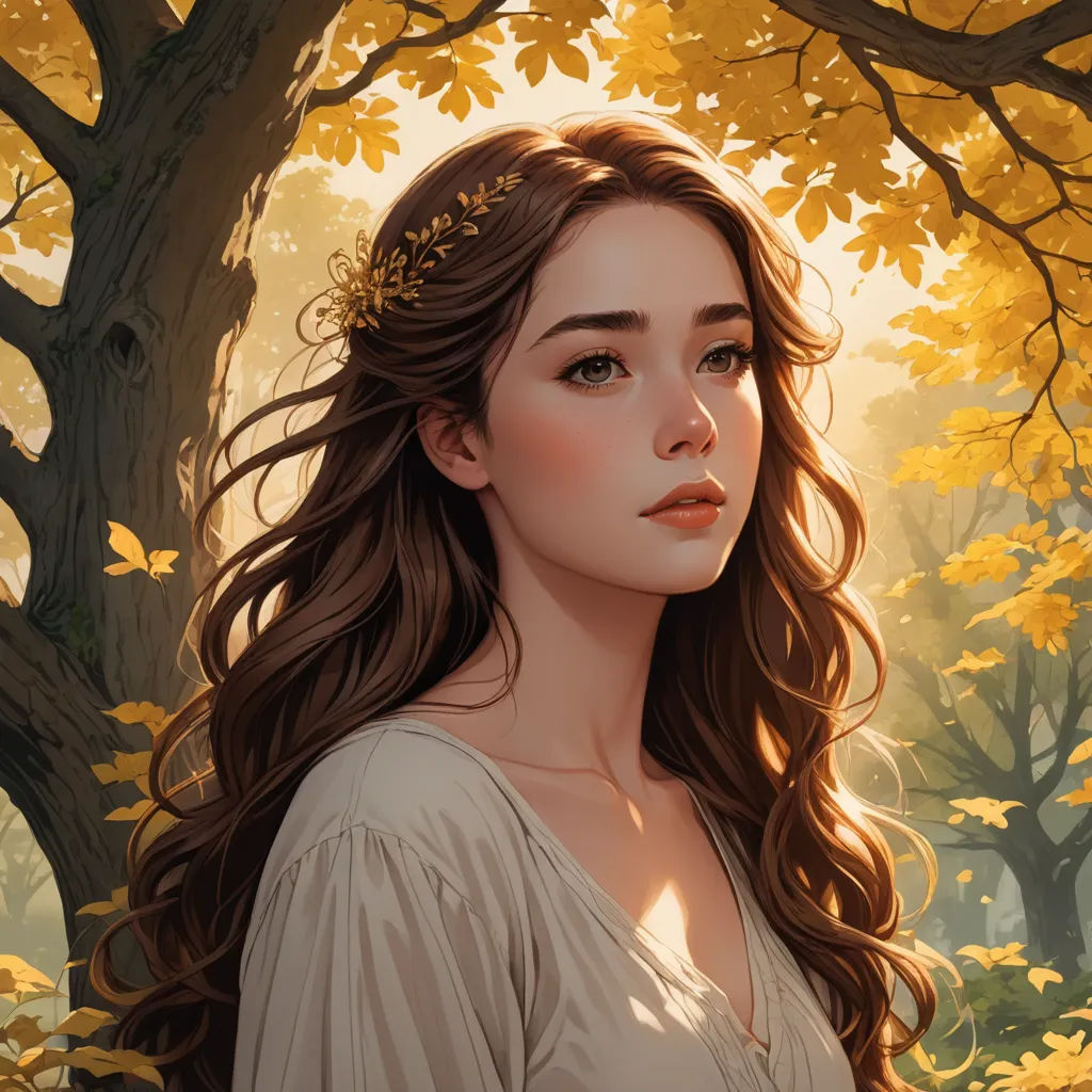 a painting of a woman in a forest with yellow leaves on her head and a tree in the background, fantasy art, a detailed painting, Charlie Bowater, rossdraws global illumination
