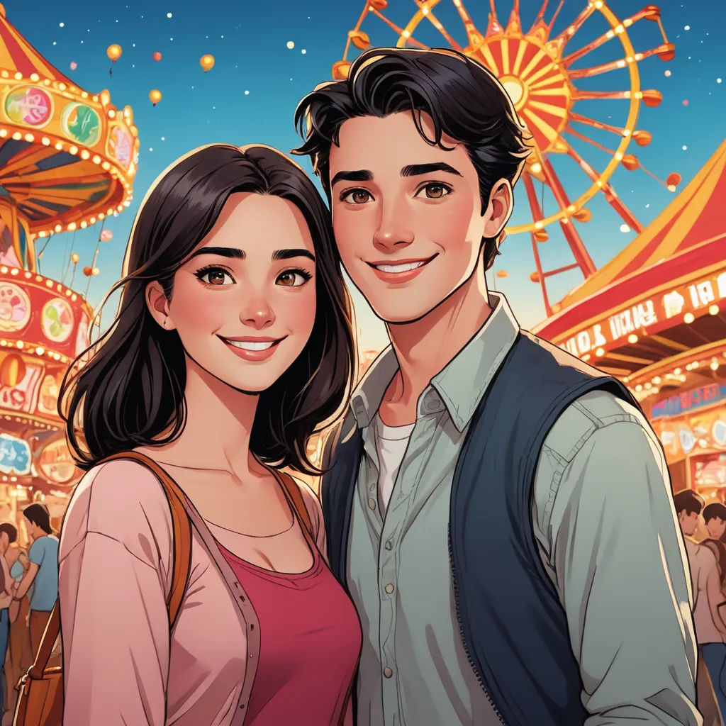 a couple standing next to each other in front of a carnival ride at night time with ferris wheel in the background, lyco art, a comic book panel, David Park, rossdraws global illumination