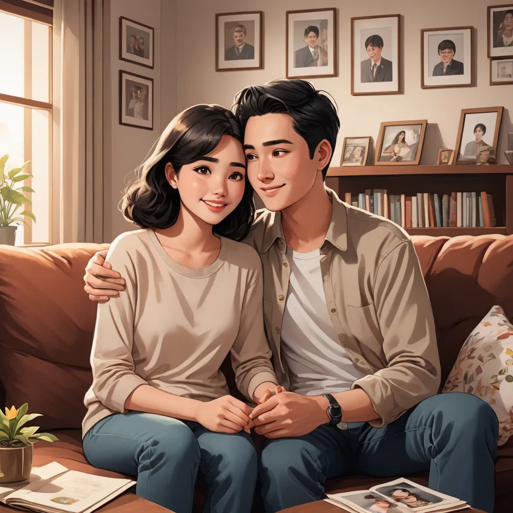 a couple sitting on a couch in a living room together, with a bookcase in the background and a bookcase with books on the wall, serial art, a comic book panel, David Park, official art