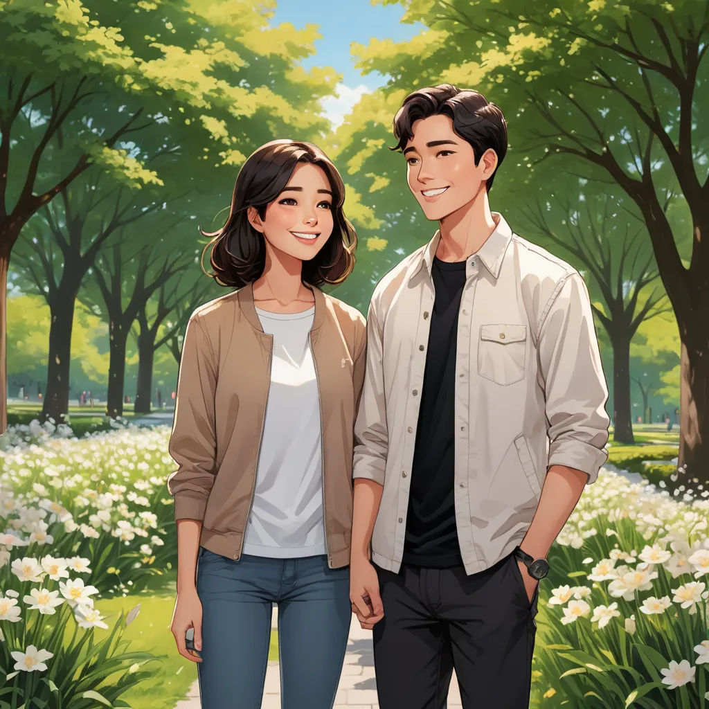 a couple standing next to each other in a park with flowers and trees behind them and a painting of them, serial art, a stock photo, David Park, official art