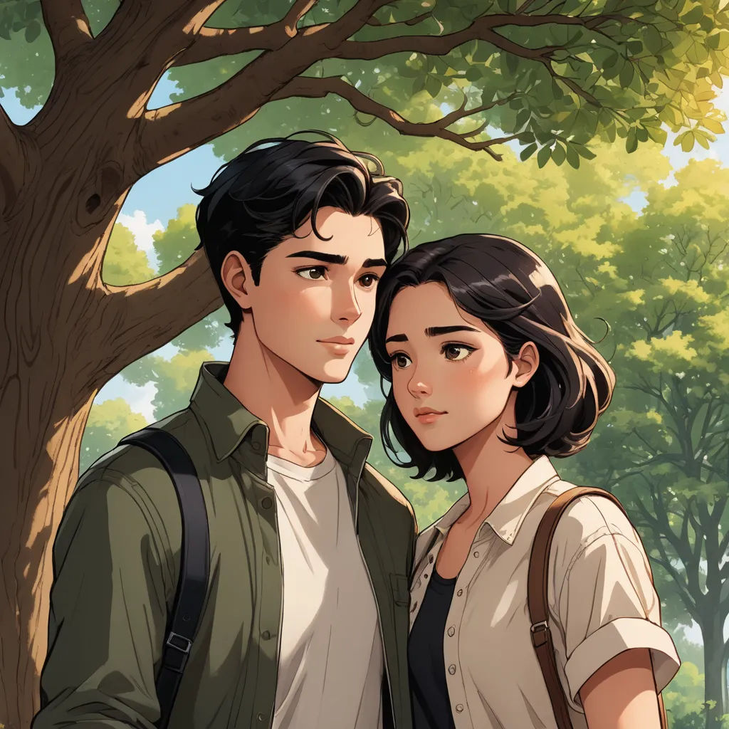 a couple of people standing next to each other under a tree in a park with a tree in the background, serial art, a character portrait, David Park, official art