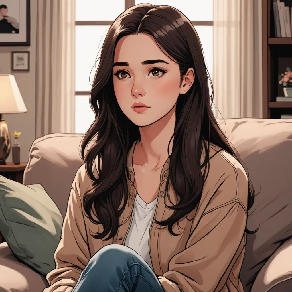 a woman sitting on a couch in a living room with a lamp on the side of the couch and a bookcase behind her, remodernism, a character portrait, Constance Gordon-Cumming, kinkade